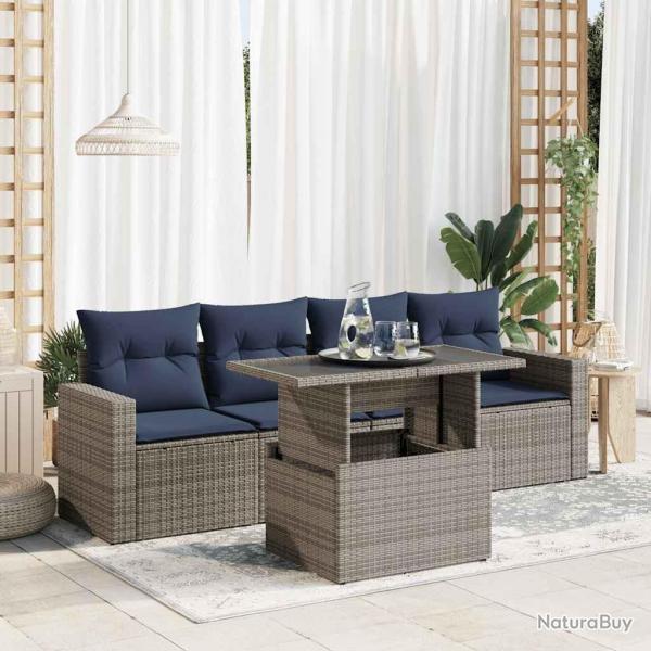 Salon de jardin 5 pcs avec coussins gris rsine tresse acacia