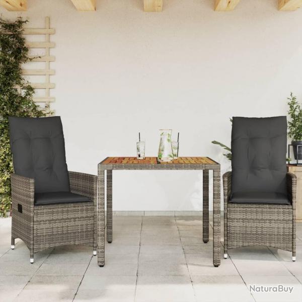 Ensemble de bistro 3 pcs avec coussins gris rsine tresse