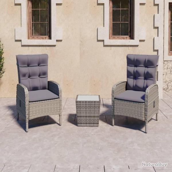 Ensemble de bistro de jardin 3 pcs Rsine tresse et verre Gris