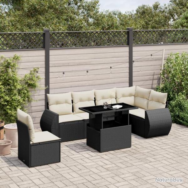 Salon de jardin 7 pcs avec coussins noir rsine tresse