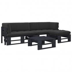 Salon de jardin palette 4pcs avec coussins Pin imprégné de noir
