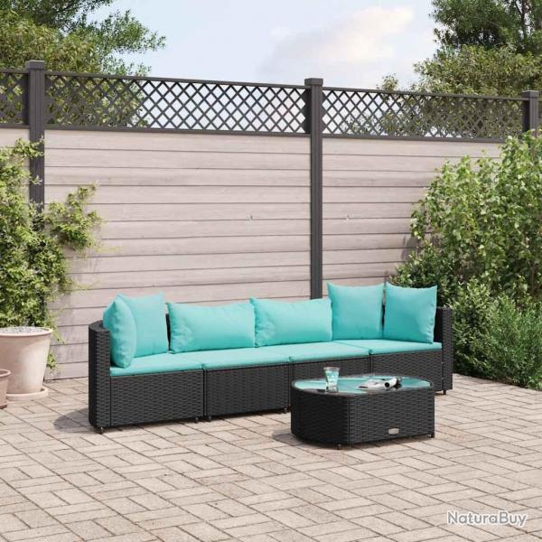 Salon de jardin 5 pcs avec coussins noir rsine tresse