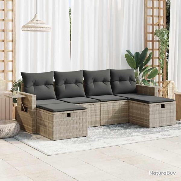 Salon de jardin 6 pcs avec coussins gris clair rsine tresse