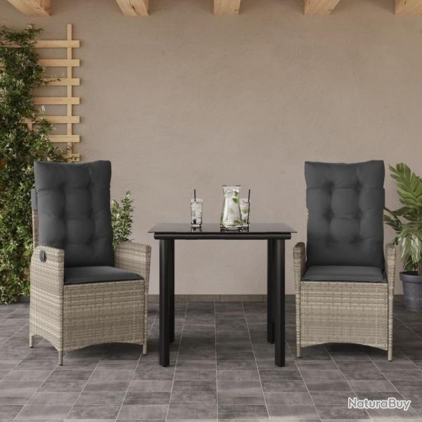 Ensemble  manger de jardin 3pcs coussins gris clair poly rotin