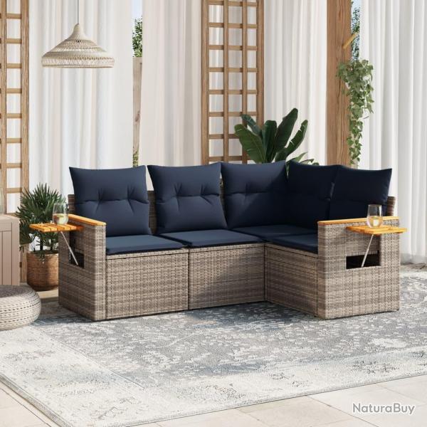 Salon de jardin 4 pcs avec coussins gris rsine tresse