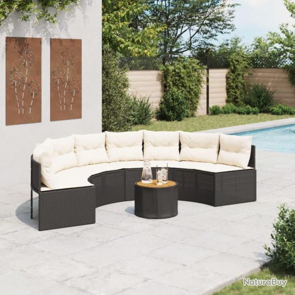 Canap de jardin table coussins demi-rond noir rsine tresse