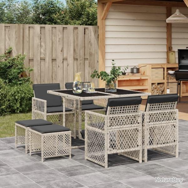 Ensemble  manger de jardin et coussins 9 pcs gris clair rotin
