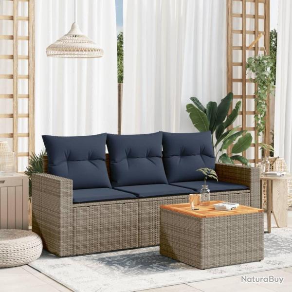Salon de jardin 4 pcs avec coussins gris rsine tresse