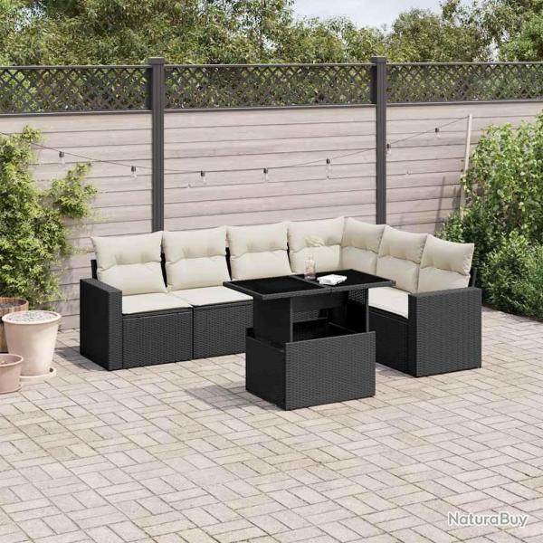 Salon de jardin 7 pcs avec coussins noir rsine tresse