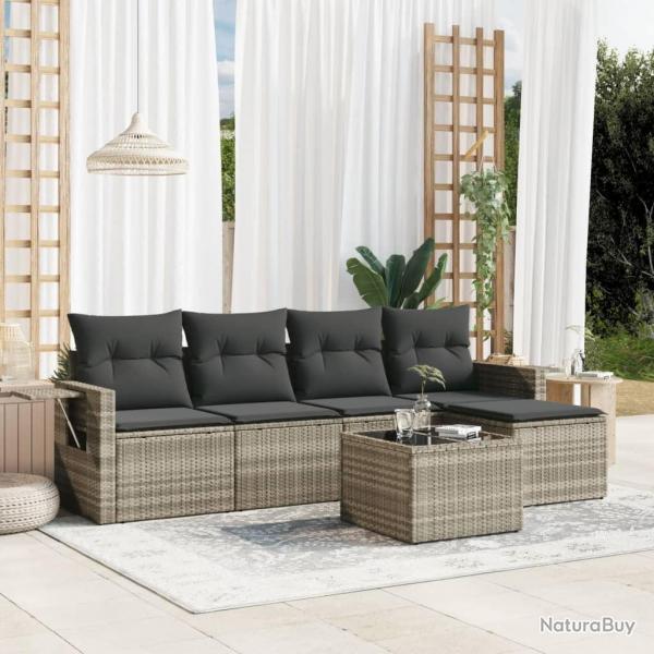 Salon de jardin 6 pcs avec coussins gris clair rsine tresse