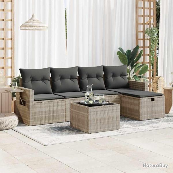 Salon de jardin 6 pcs avec coussins gris clair rsine tresse