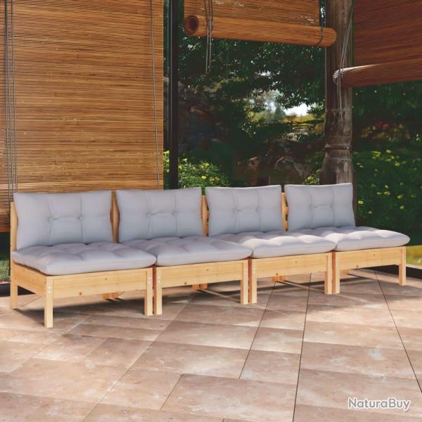 Canap 4 places de jardin et coussins gris Bois de pin solide