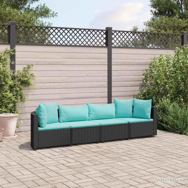 Salon de jardin 4 pcs avec coussins noir rsine tresse