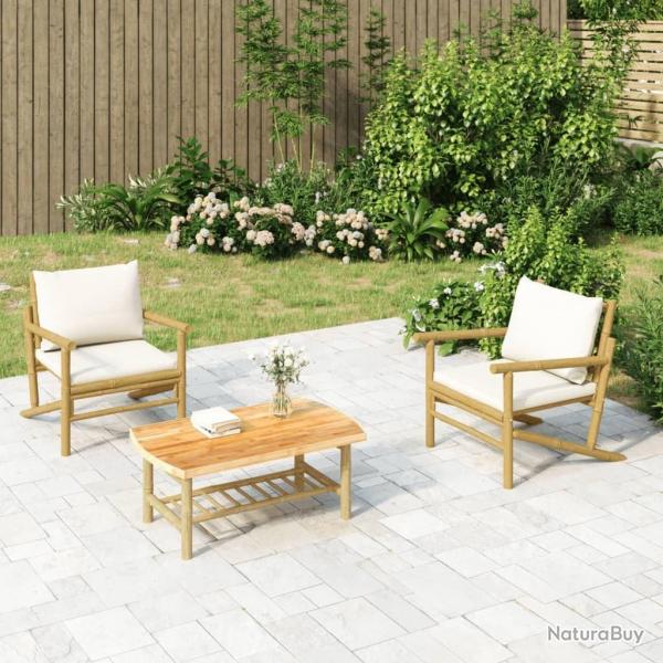 Salon de jardin 3 pcs avec coussins blanc crme bambou