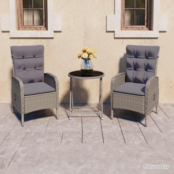 Ensemble de bistro de jardin 3 pcs Rsine tresse et verre Gris