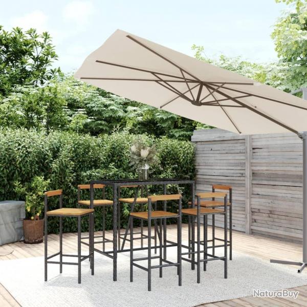 Ensemble de bar jardin 7 pcs noir poly rotin/bois massif acacia