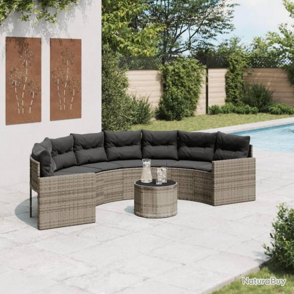 Canap de jardin table coussins demi-rond gris rsine tresse