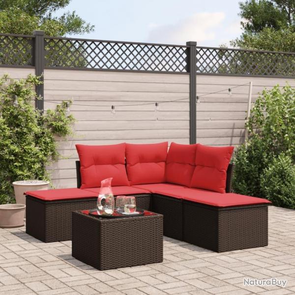 Salon de jardin 6 pcs avec coussins marron rsine tresse