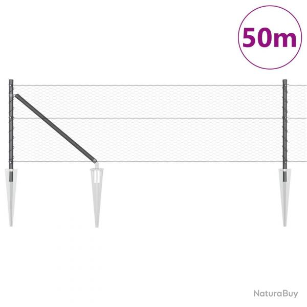 Clture HexagonaleGrise 0,6x50 m Acier, Poteaux de Cltureavec Ancre Droite 13 pcs 32 mm 80 cm Aci