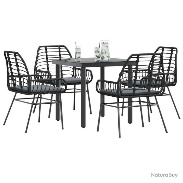 Ensemble  manger de jardin et coussins 5 pcs noir rotin verre