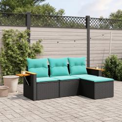 Salon de jardin 4 pcs avec coussins noir résine tressée