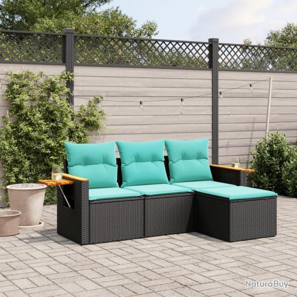 Salon de jardin 4 pcs avec coussins noir rsine tresse