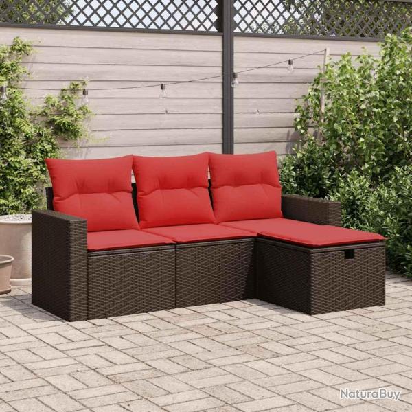Salon de jardin 4 pcs avec coussins marron rsine tresse