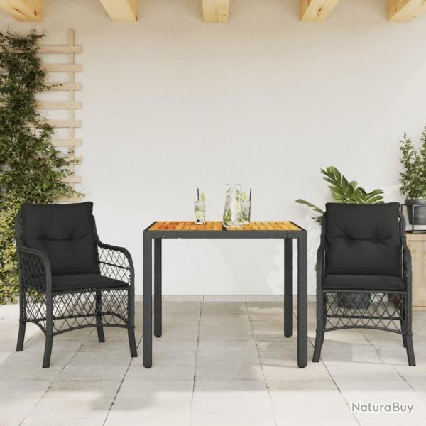 Ensemble de bistro 3 pcs avec coussins noir rsine tresse