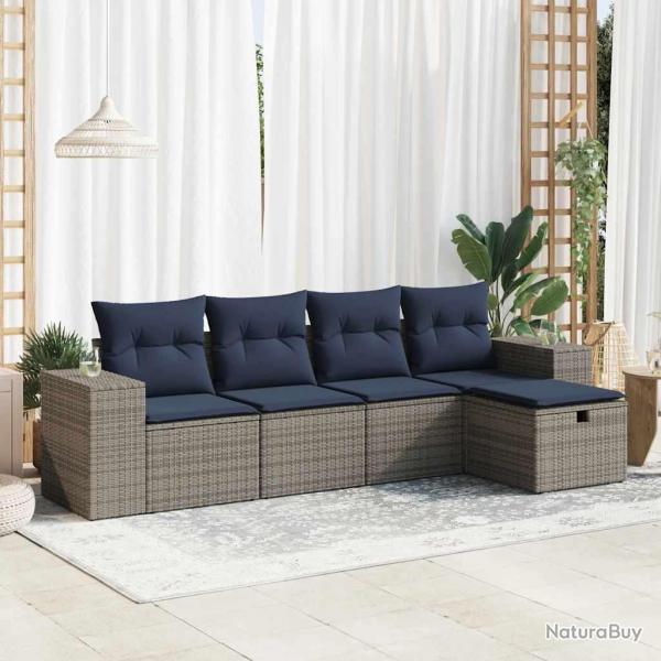 Salon de jardin 5 pcs avec coussins gris rsine tresse