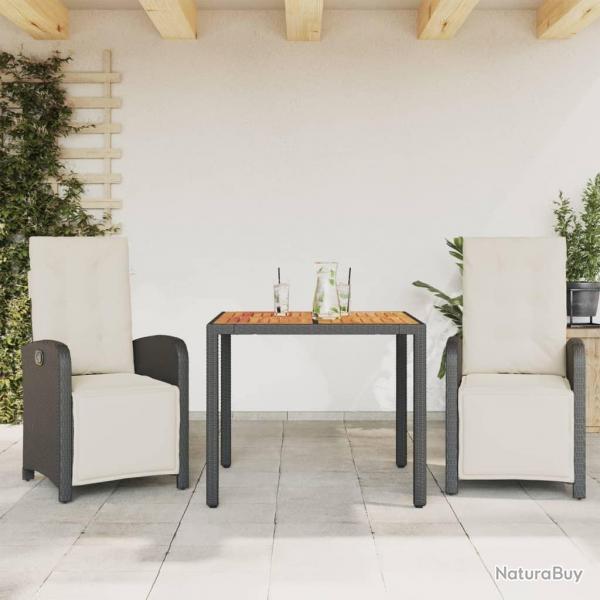 Ensemble de bistro 3 pcs avec coussins noir rsine tresse
