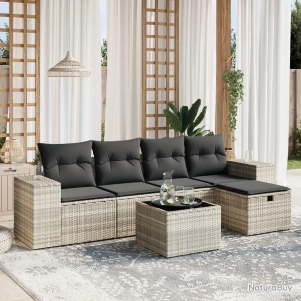 Salon de jardin 6 pcs avec coussins gris clair rsine tresse