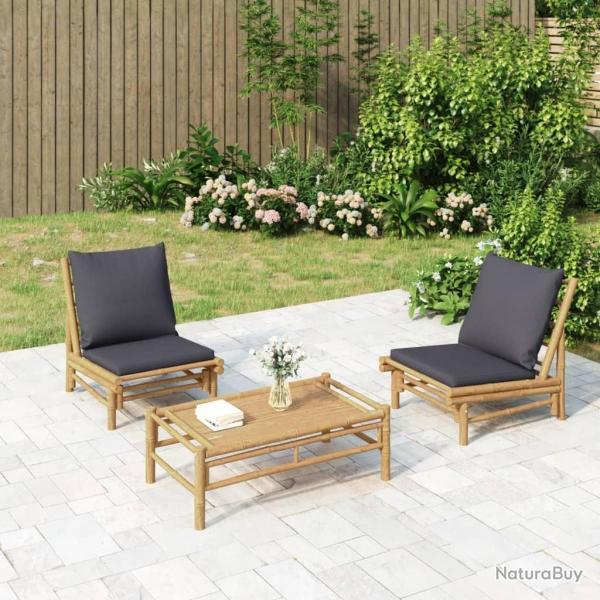 Salon de jardin 3 pcs avec coussins gris fonc bambou