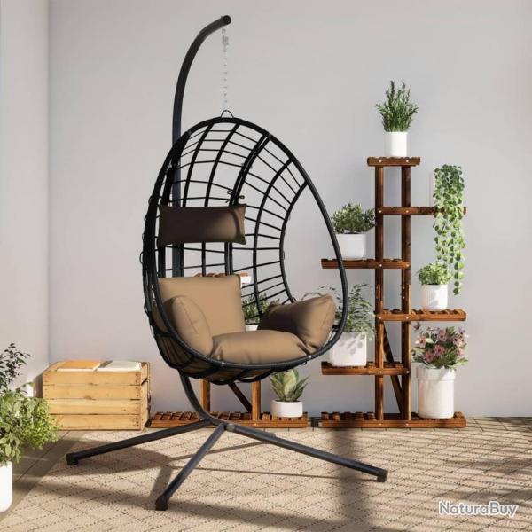 Chaise suspendue en forme d'oeuf et support taupe rotin et acier