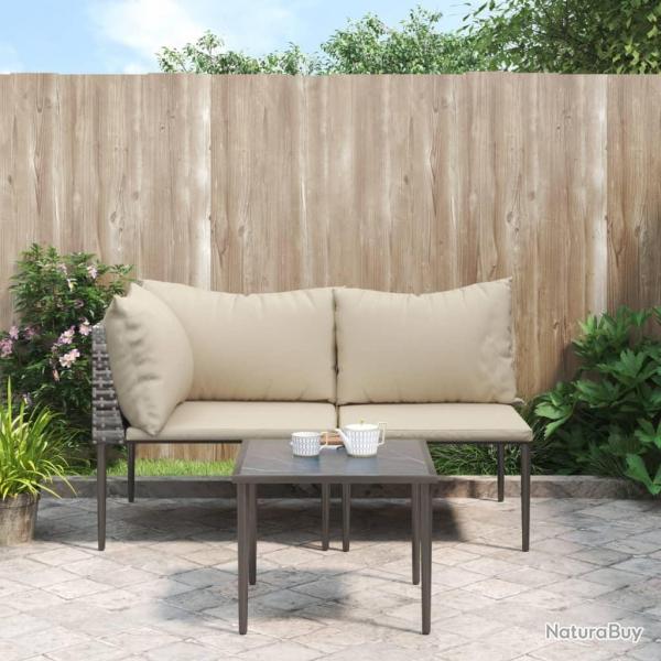 Salon de jardin 3 pcs avec coussins Gris Rsine tresse