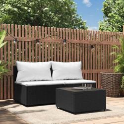 Salon de jardin 3 pcs avec coussins Noir Résine tressée