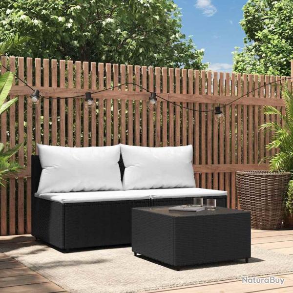 Salon de jardin 3 pcs avec coussins Noir Rsine tresse