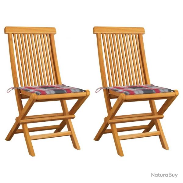 Chaises de jardin lot de 2 avec coussins  carreaux rouge Teck