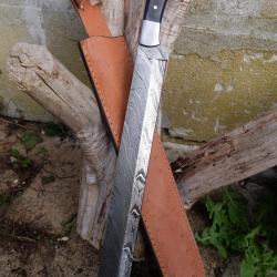 Epée Damas Viking Seax Scrama Sax Lame 256 Couches Manche Micarta Etui Cuir Fabrication Artisanale