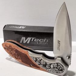 Couteau MTech A/O Linerlock Manche Bois Façon Crosse Marron Bolsters Acier Lame Satinée Acier 3Cr13