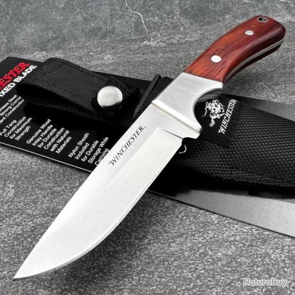Couteau de Chasse Randonne Winchester Hunter Lame Acier Inox Satin Manche Bois Etui Nylon