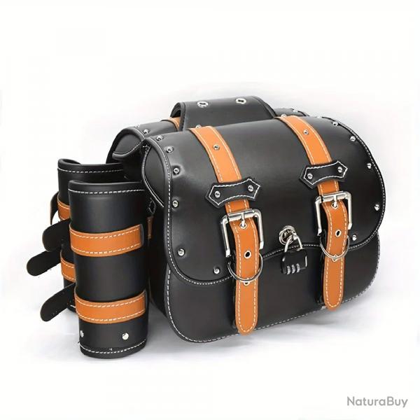 Sacoche Latrale Moto Universelle Rtro tanche Porte-Gobelet  Grande Capacit Rigide  Marron