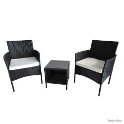 Salon de jardin : 2 Fauteuils résine tressée + table basse noir