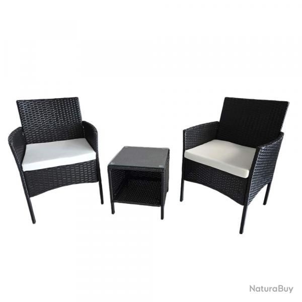 Salon de jardin : 2 Fauteuils rsine tresse + table basse noir