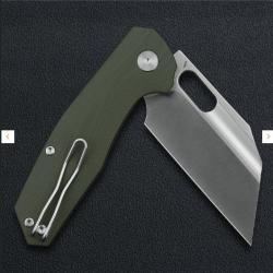 Couteau Ironfly YOLO Wharncliffe Lame Acier 14C28N Manche G10 Army Green Button Lock KIVT IFVF02GN