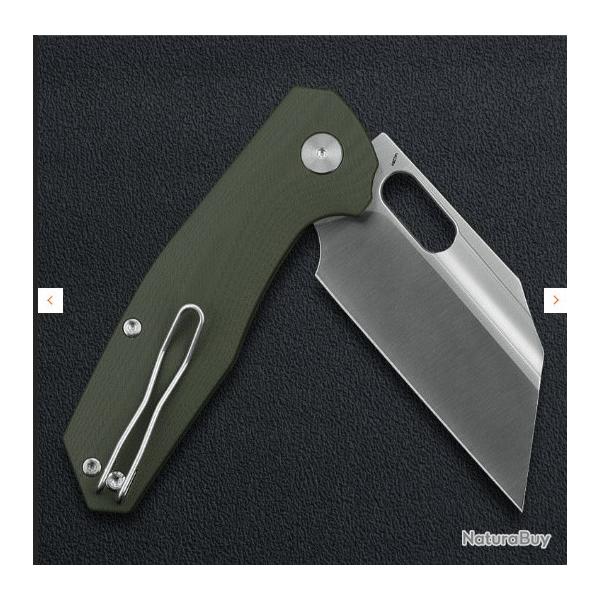 Couteau Ironfly YOLO Wharncliffe Lame Acier 14C28N Manche G10 Army Green Button Lock KIVT IFVF02GN -