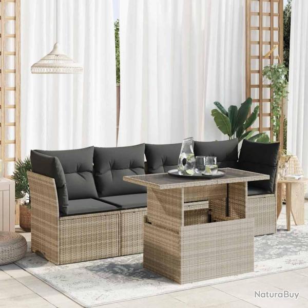 Salon de jardin 5 pcs avec coussins gris clair rsine tresse