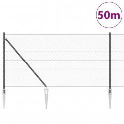 Clôture HexagonaleGris 1x50 m Acier, Poteaux de clôtureavec pique 13 pcs Ø32 mm 120 cm Acier Galvani