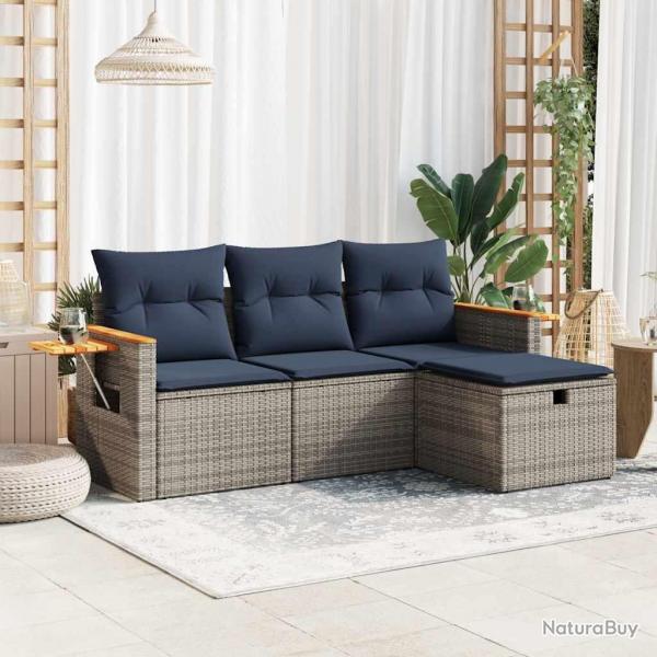 Salon de jardin 4 pcs avec coussins gris rsine tresse