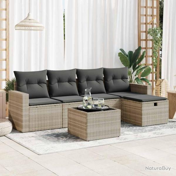 Salon de jardin 6 pcs avec coussins gris clair rsine tresse