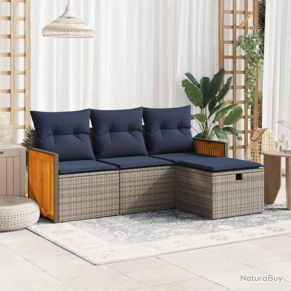 Salon de jardin 4 pcs avec coussins gris rsine tresse